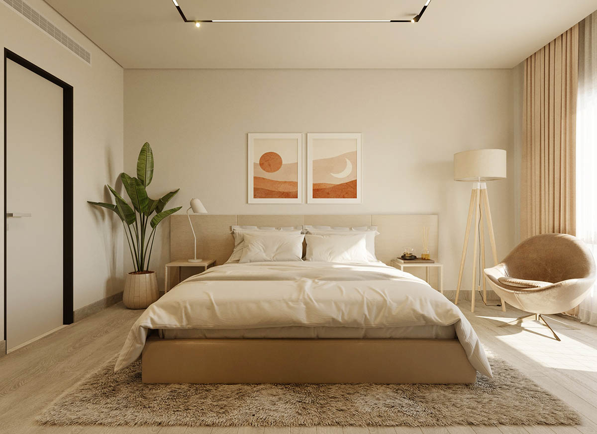 Thiết kế phòng ngủ tối giản hiện đại với màu trắng chủ đạo mang đến sự thanh lịch tuyệt đối. Thiết kế độc đáo và sang trọng cho bạn một không gian nghỉ ngơi tuyệt vời, bao gồm những chi tiết tinh tế và chất liệu cao cấp. Tận hưởng giấc ngủ đẹp hơn trong không gian trang nhã của mình.